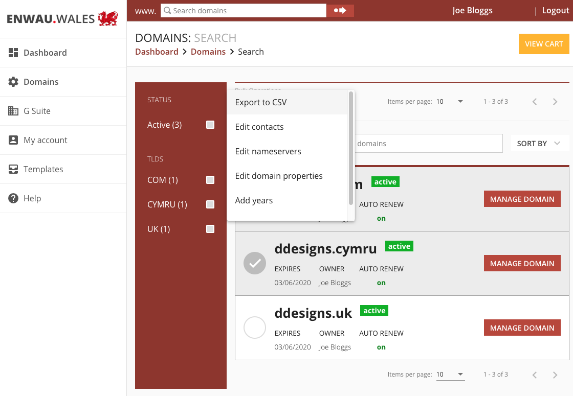 ENWAU Dashboard Manage Domain Names in Bulk